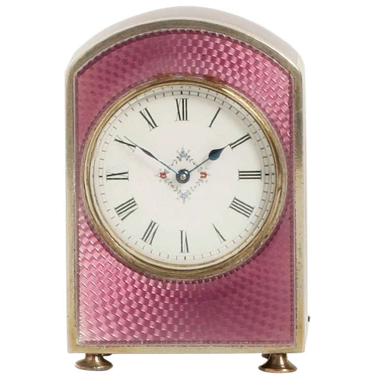 A Miniature French Silver Transparant Guilloche Enamel Timepiece, circa 1900 For Sale