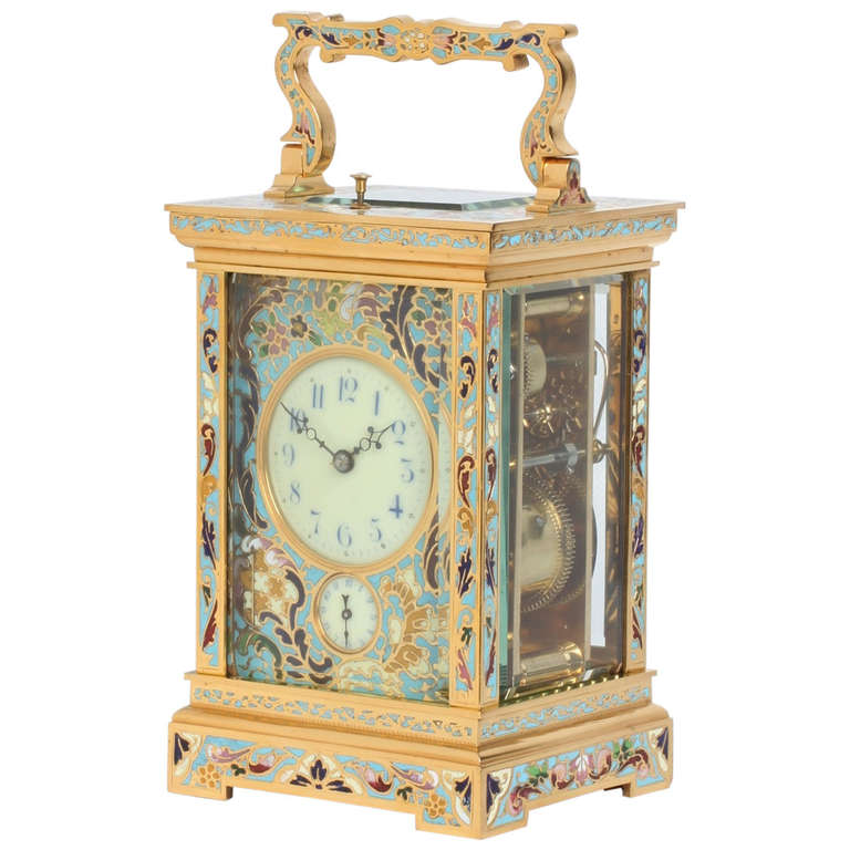 A Fine French Gilt Brass Cloisonne Enamel Alarm Carriage Clock, circa 1890 For Sale