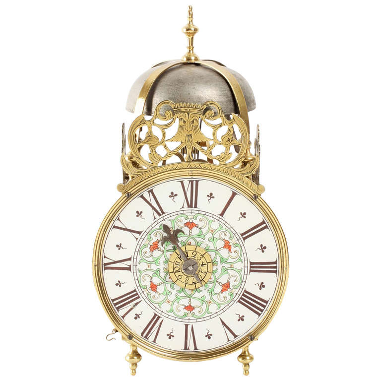 A French Brass Lantern Clock with Rare Porcelain Dial, circa 1750 For Sale