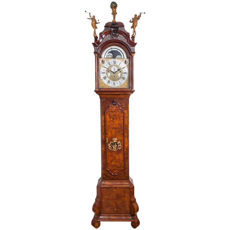 Dutch Burr Walnut Musical Longcase Clock, circa 1740 For Sale