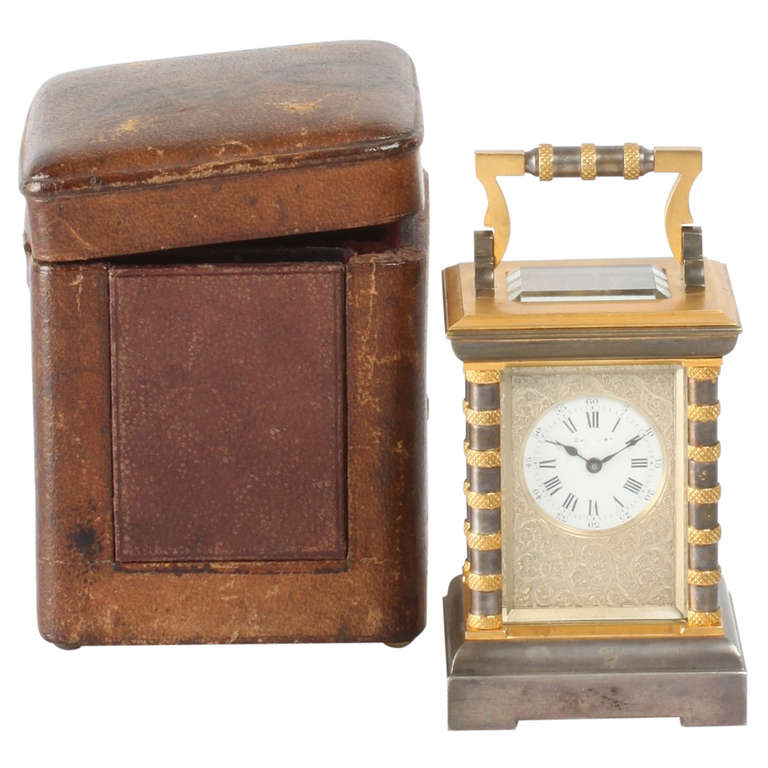 Miniature French Carriage Timepiece with Travel Box, Drocourt, circa 1880 For Sale
