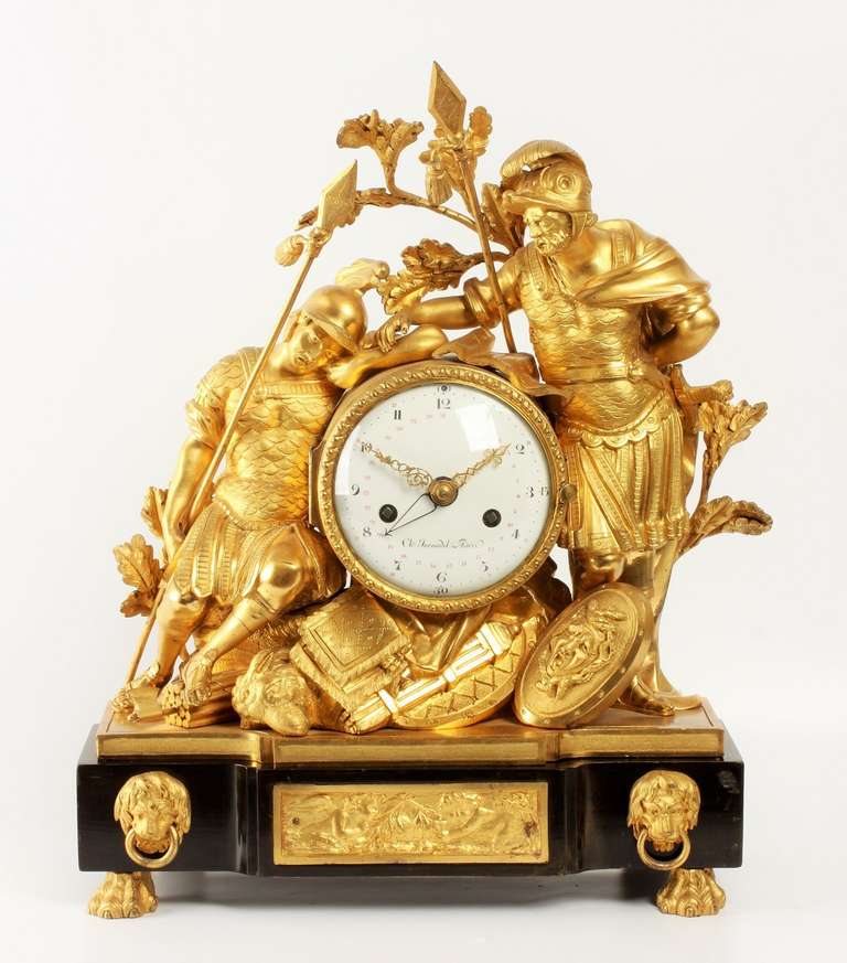 An early Louis XVI mantel timepiece depicting Hannibal and Hasdrubal. Signed 'Ch. Jornadel á Paris. Bronze gilt scene of the brothers Hannibal and Hasdrubal placed on ebonised wooden base. 

Eight day movement with half hour striking on a bell and