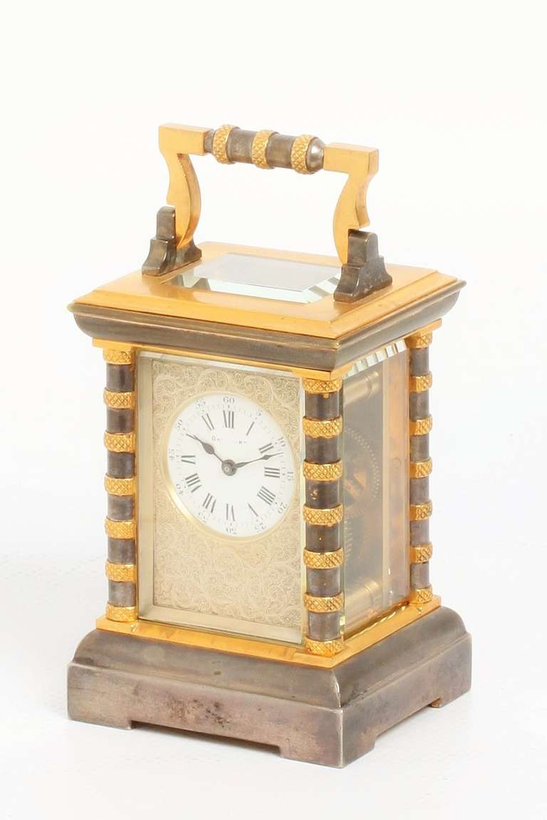 Brass Miniature French Carriage Timepiece with Travel Box, Drocourt, circa 1880 For Sale