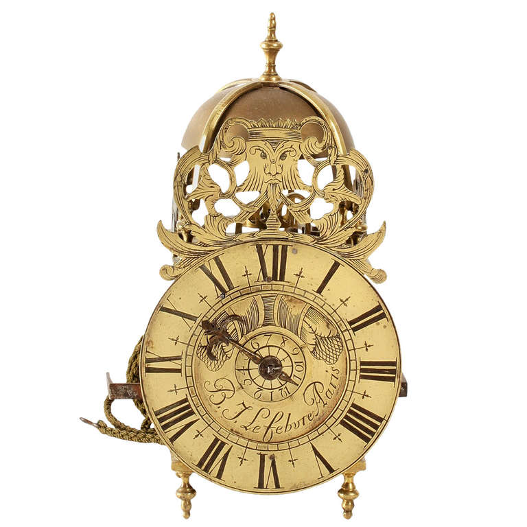 Small French Brass Lantern Wall Timepiece by B J Lefebvre a Paris, circa 1730 For Sale