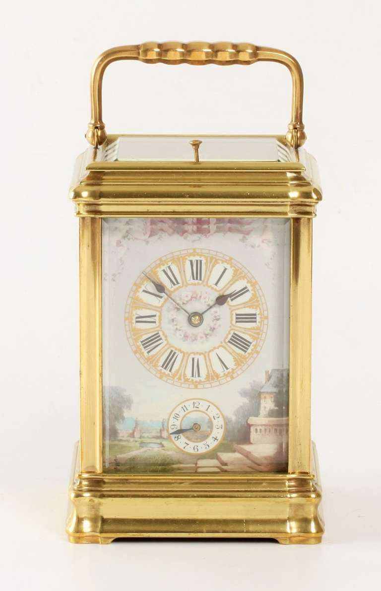 French Porcelain Mounted Gilt Brass Carriage Alarm Clock, circa 1880