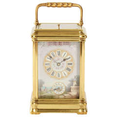 French Porcelain Mounted Gilt Brass Carriage Alarm Clock, circa 1880