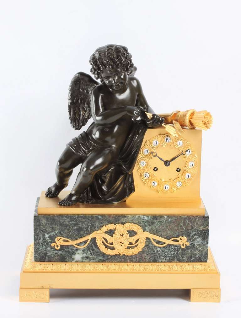 10-cm chapter ring of ormolu rosettes with enamel cartouches wth Arabic numerals, blued steel Breguet hands, 8-day spring-driven movement with anchor escapemen and silk suspended pendulum, countwheel half hour striking on a bell, rectangular ormolu