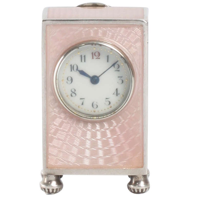 Miniature Swiss Silver Pink Translucent Enamel Timepiece, circa 1900 For Sale
