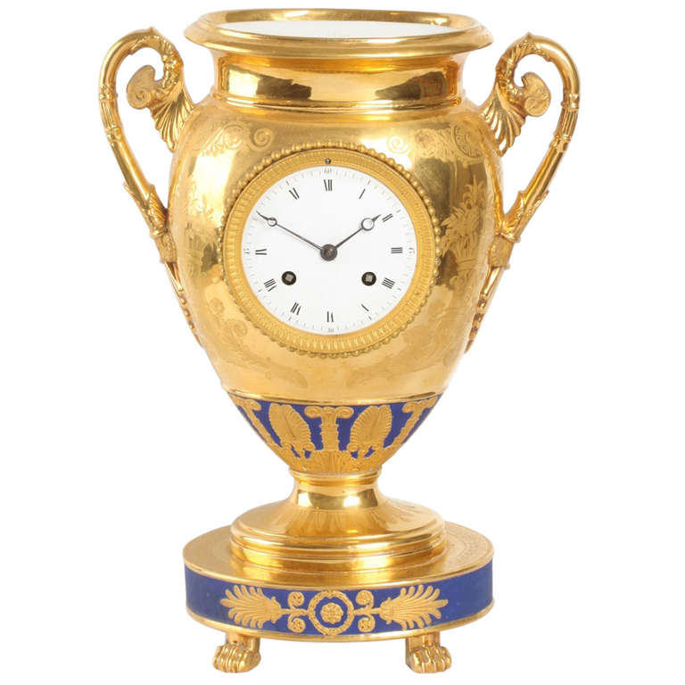 Fine French Empire 'Sevres' Gilt Porcelain Urn Mantel Clock, circa 1800 For Sale