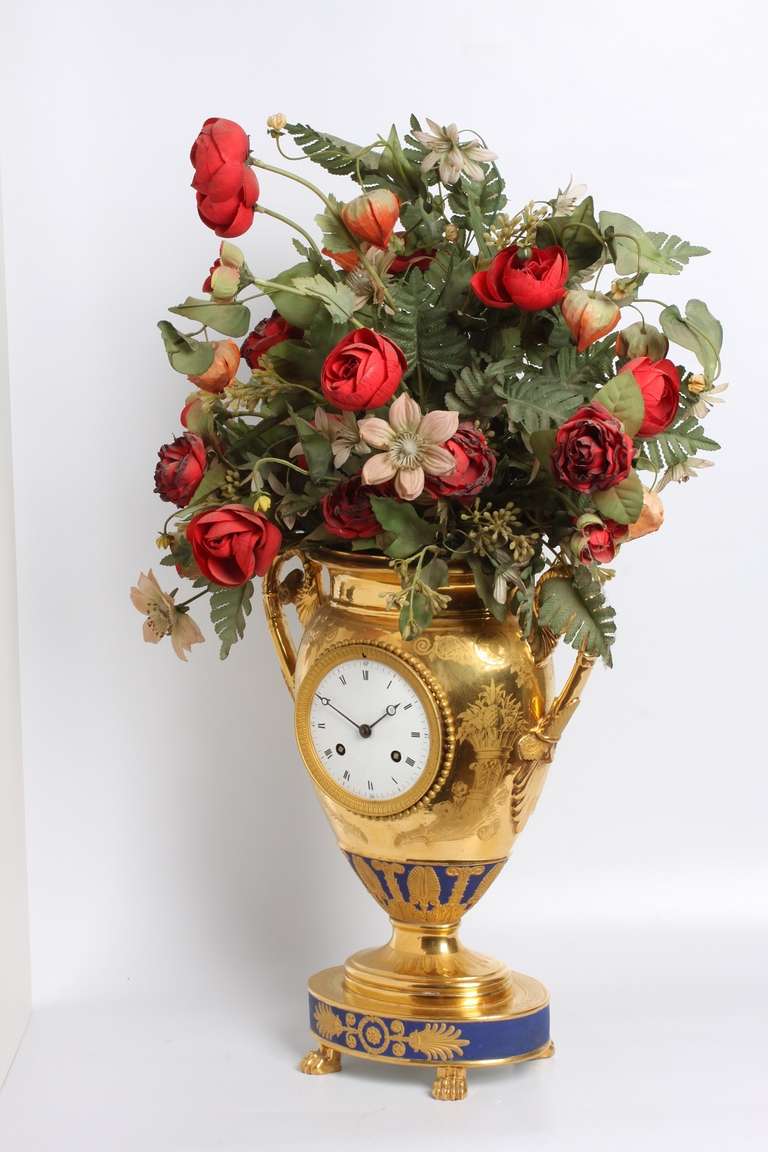 Brass Fine French Empire 'Sevres' Gilt Porcelain Urn Mantel Clock, circa 1800 For Sale