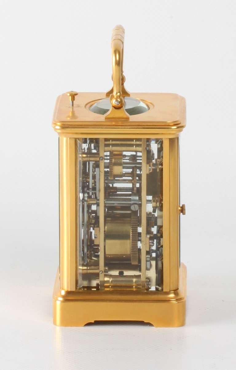 19th Century Small French Gilt Quarter Striking Alarm Carriage Clock, Margaine, circa 1900 For Sale