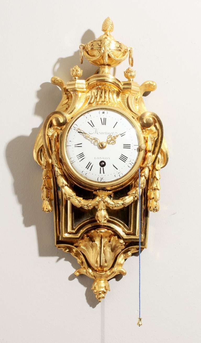 11-cm enamel dial with Roman numerals and outer five minute marking signed Martinet London, the reverse signed for the enameler Barbezat, foliate pierced and engraved gilt hands, 8-da spring-driven movement with anchor escapement, silk suspended