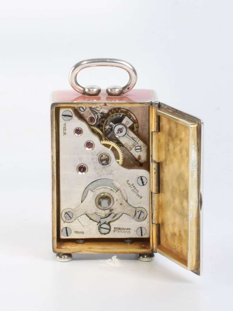 Sterling Silver Miniature Swiss Silver Translucent Guilloche Enamel Timepiece, circa 1900 For Sale