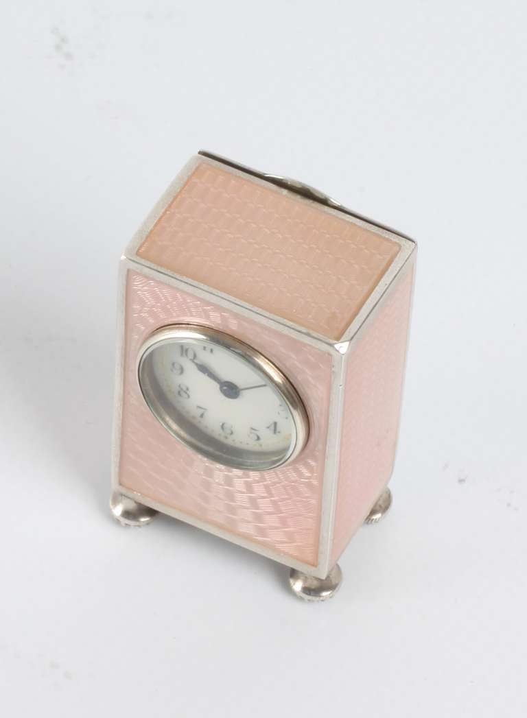 Miniature Swiss Silver Pink Translucent Enamel Timepiece, circa 1900 For Sale 3