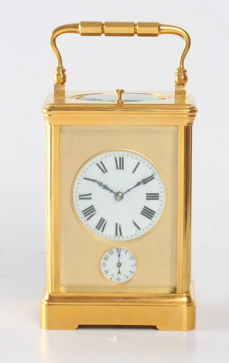 A French gilt brass quarter striking alarm carriage clock, circa 1890