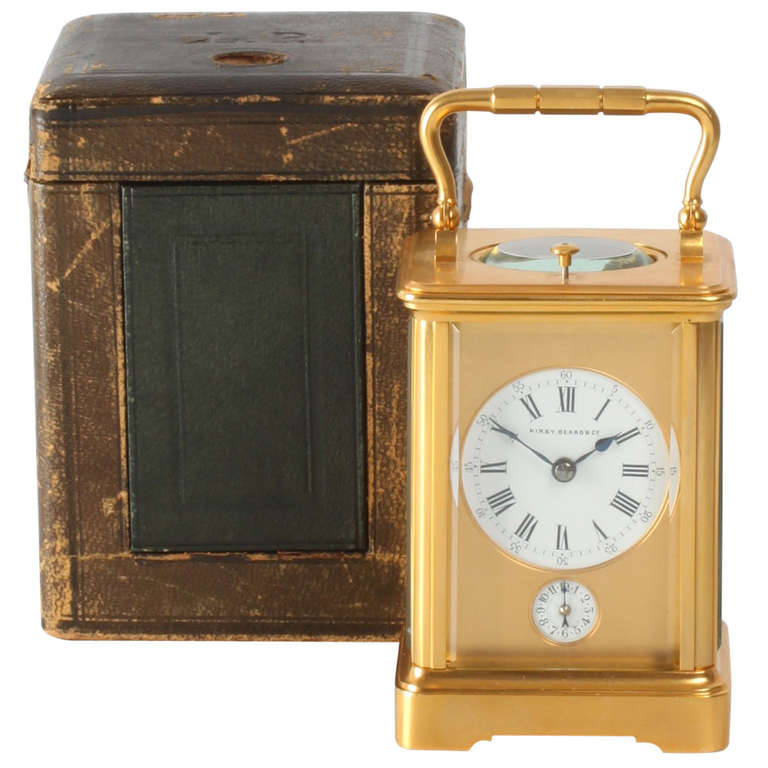 Small French Gilt Quarter Striking Alarm Carriage Clock, Margaine, circa 1900 For Sale