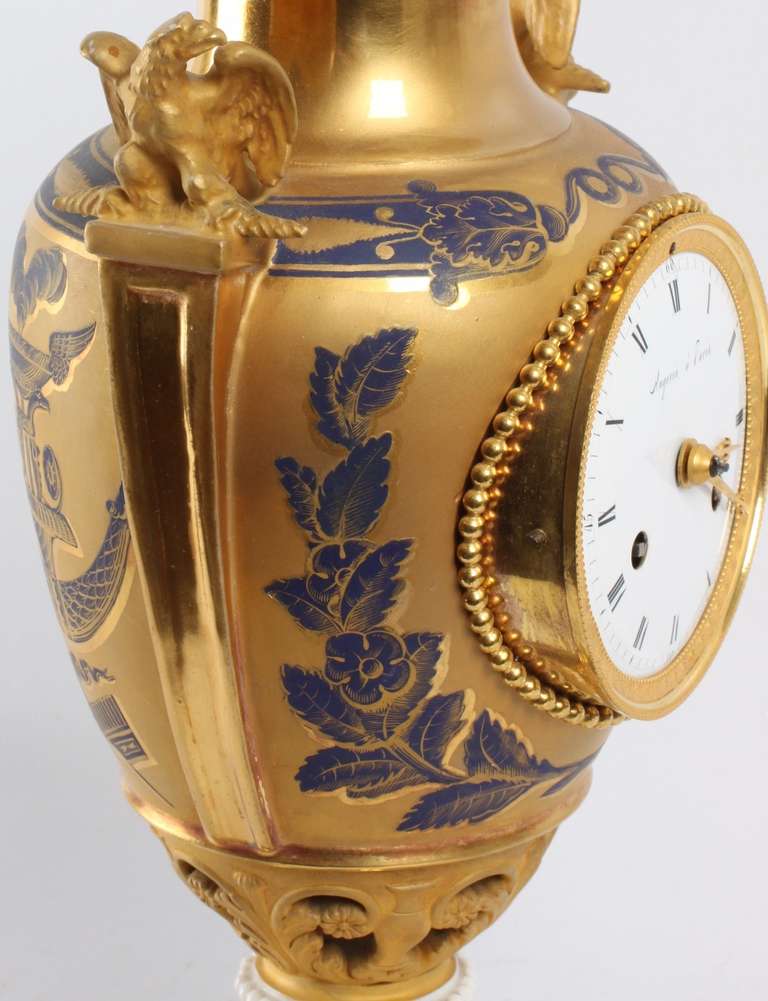 French Empire, Gilt Sevres, Porcelain Urn Mantel Clock For Sale 2