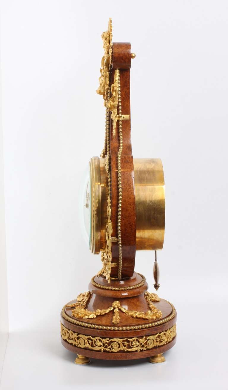 19th Century Fine French Louis XVI Style, Amboine Gilt Brass Lyre Clock For Sale