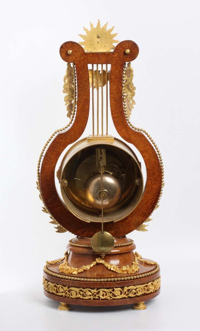 Fine French Louis XVI Style, Amboine Gilt Brass Lyre Clock For Sale 4
