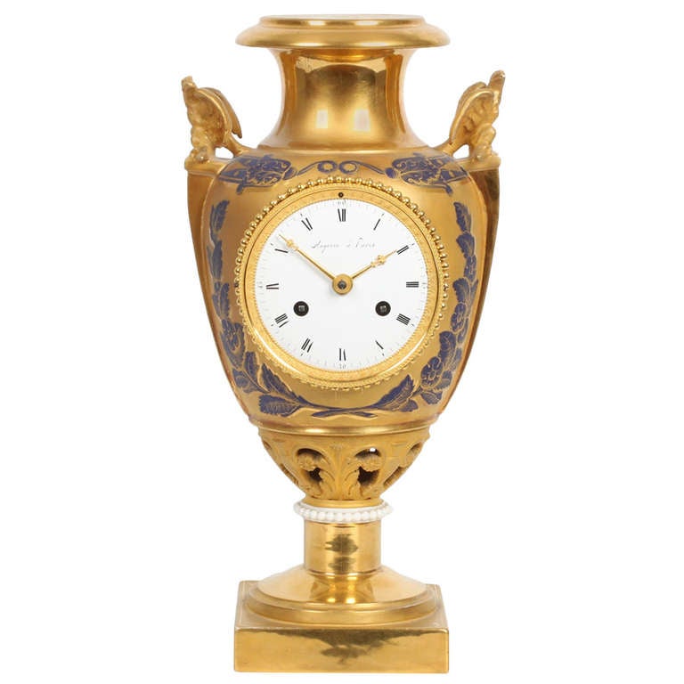 French Empire, Gilt Sevres, Porcelain Urn Mantel Clock For Sale