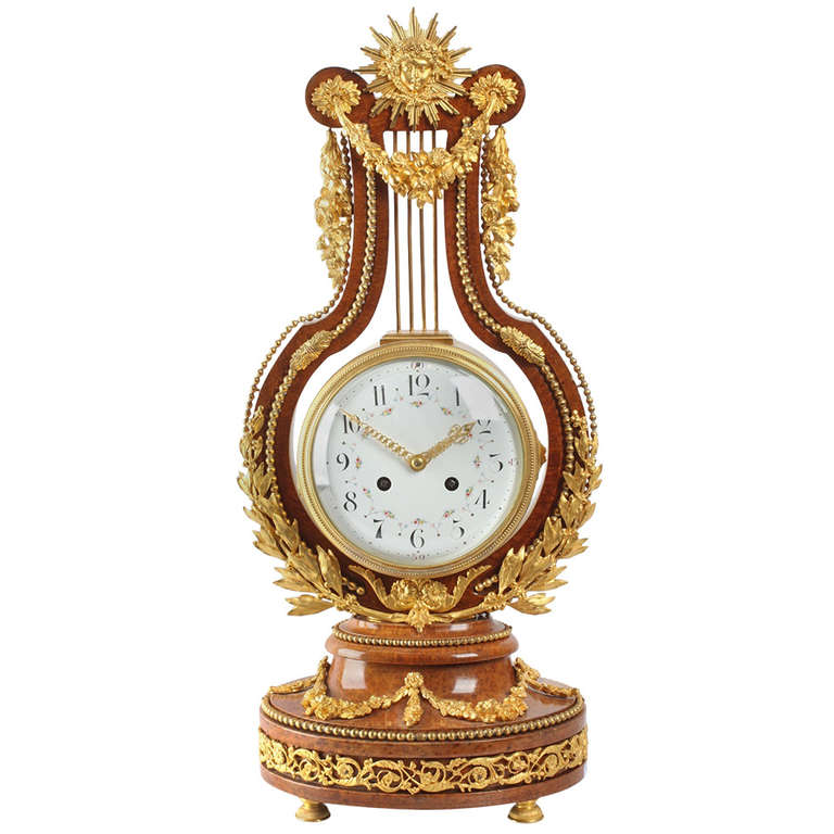 Fine French Louis XVI Style, Amboine Gilt Brass Lyre Clock For Sale