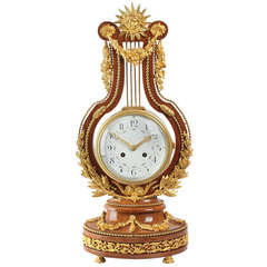 Fine French Louis XVI Style, Amboine Gilt Brass Lyre Clock