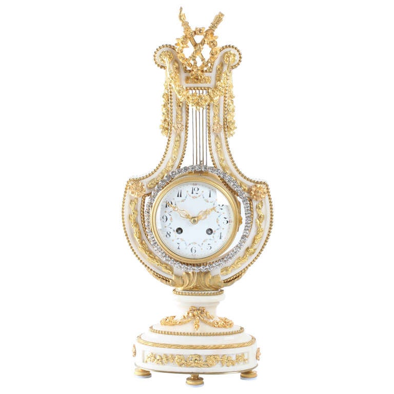 French Louis XVI Style, Marble Lyre Clock with Oscillating Bezel For Sale