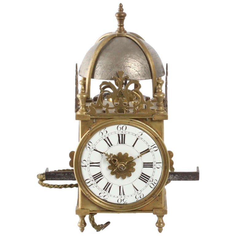 Lovely Miniature French, Brass Alarm Lantern Wall Timepiece For Sale