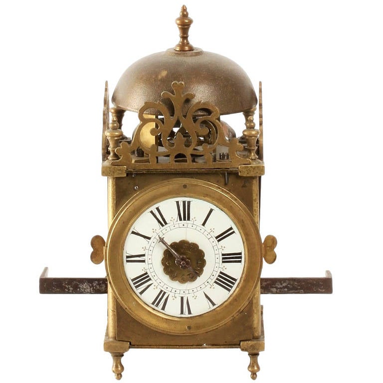 Lovely Miniature French, Brass Lantern Alarm Wall Timepiece For Sale