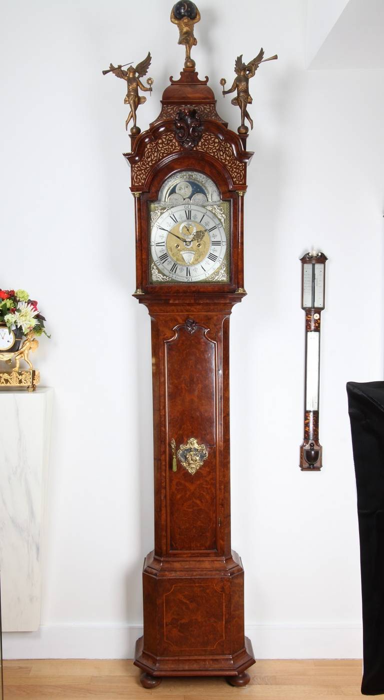 Fine Dutch Burr Walnut, Llongcase Clock by L. du Chesne
