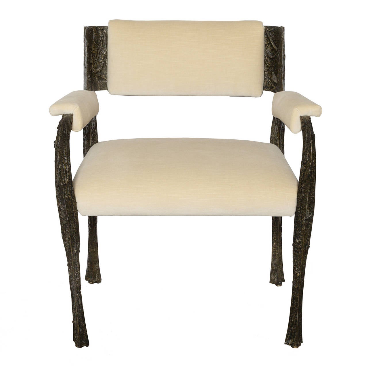 Set of six Sculpted Bronze Dining Chairs and two armchairs by Paul Evans for Directional. Forged in atomized bronze with upholstered seats and backrests, original cream colored velvet.

Armchairs dimensions: W 61 cm - D 61 cm - H 81 cm
Dining