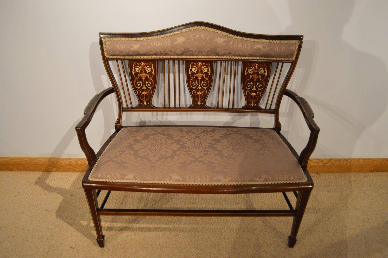 Mahogany and Marquetry Inlaid Edwardian Period Antique Settee 2