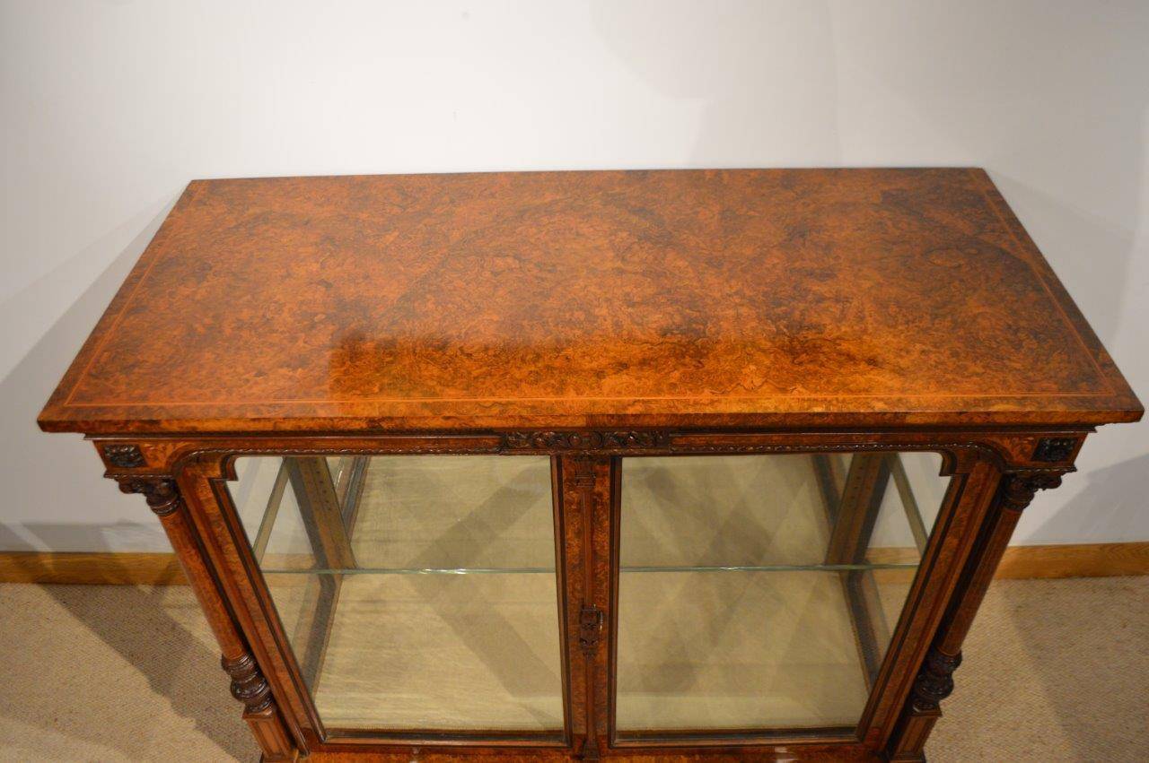 British Exhibition Quality Burr Walnut Victorian Period Two-Door Pier or Display Cabinet For Sale