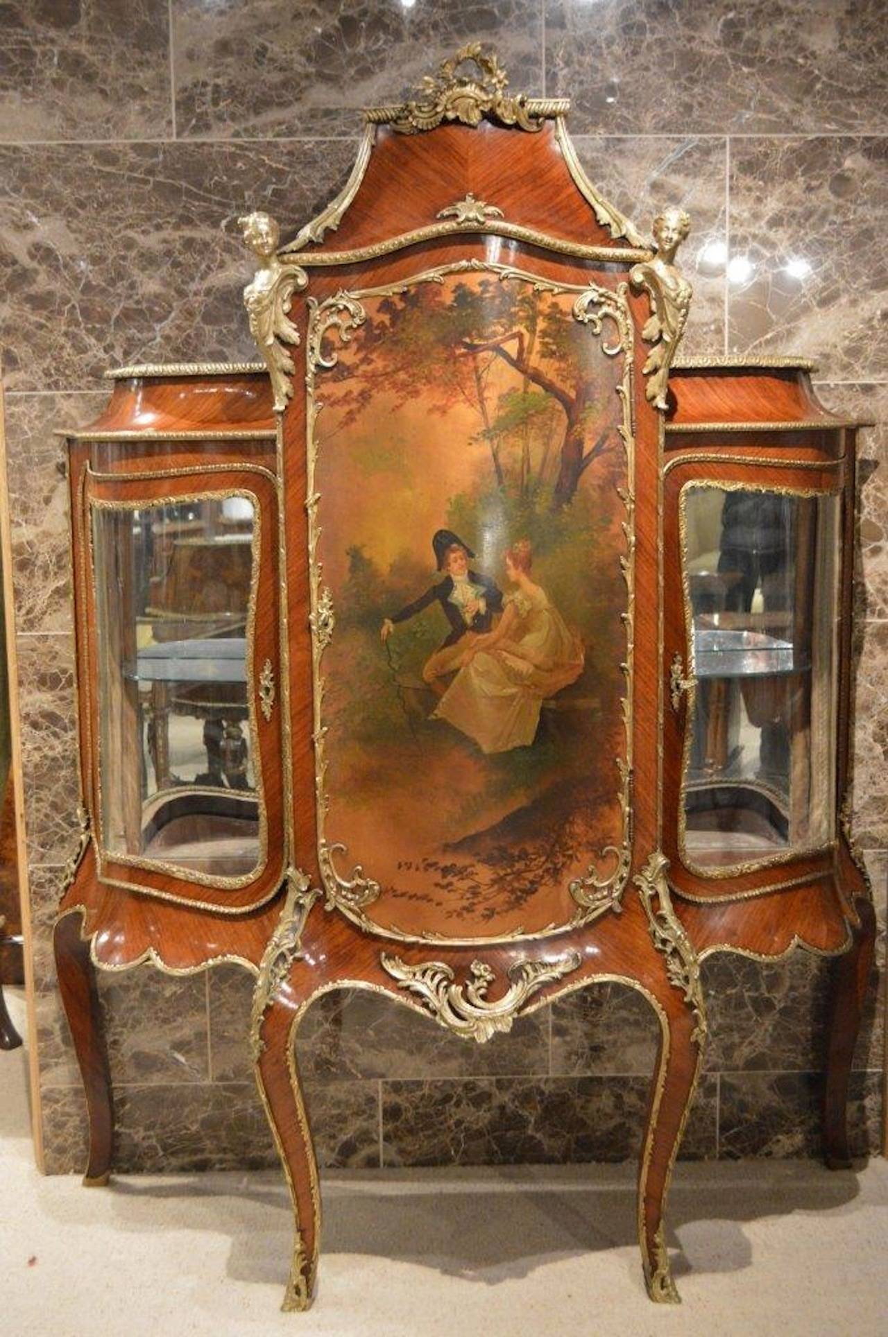 19th Century French Rosewood and Ormolu-Mounted Vernis Martin Cabinet