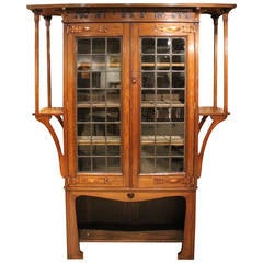 Antique Oak Arts & Crafts Liberty's Style Bookcase with Motto