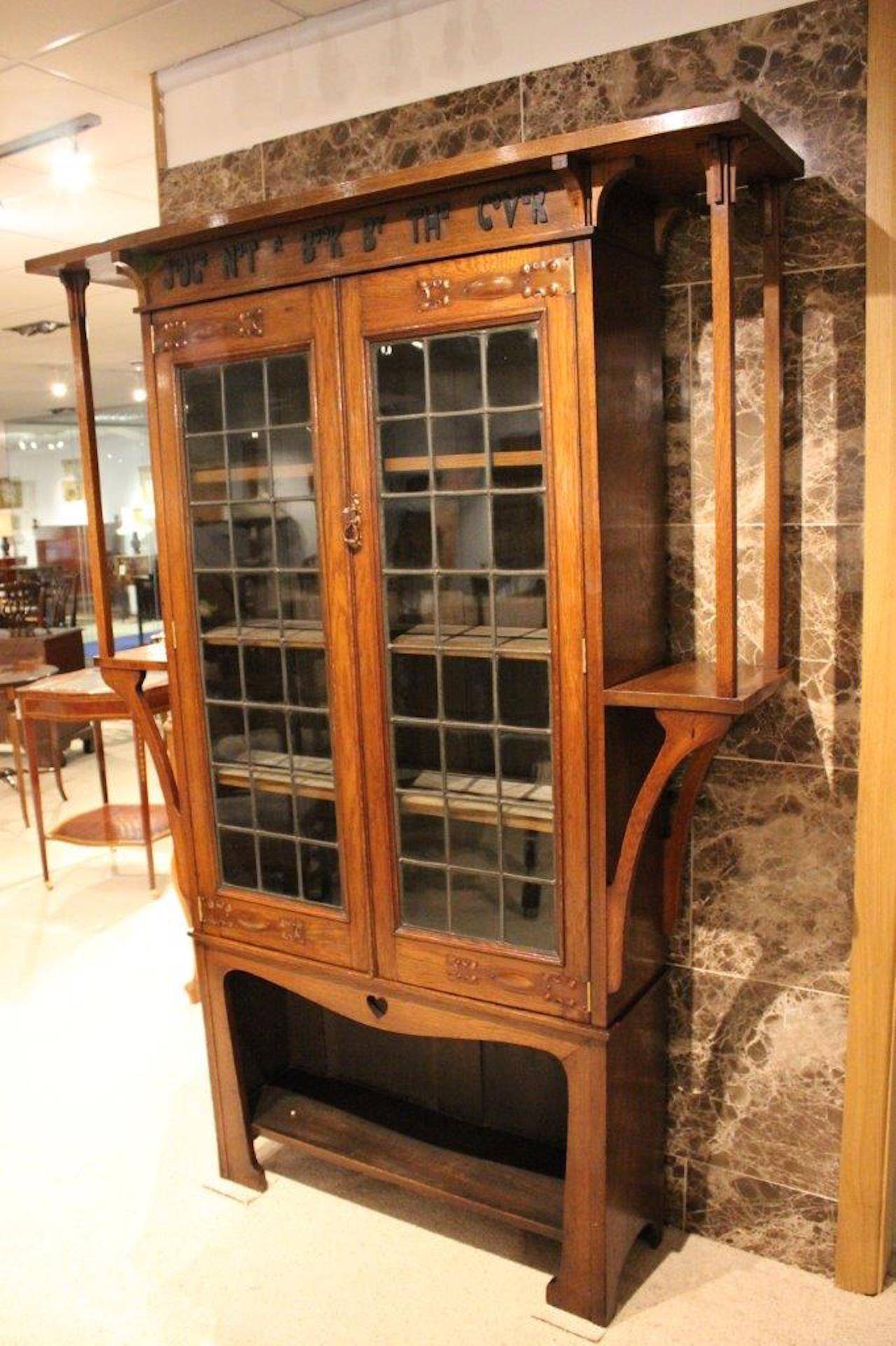 Oak Arts & Crafts Liberty's Style Bookcase with Motto In Excellent Condition In Darwen, GB