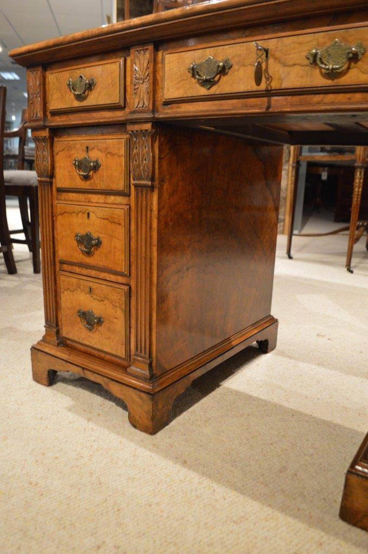 Late 19th Century Beautiful Burr Walnut Late Victorian Period Antique Pedestal Desk