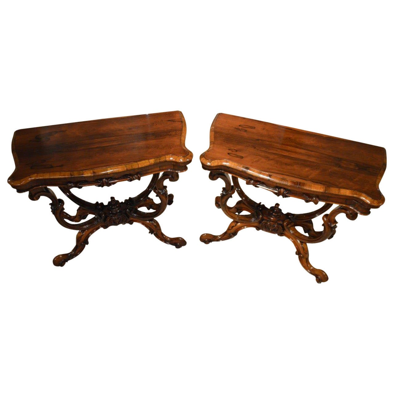 Good Pair of Rosewood, Victorian Period, Antique Fold Over Card Tables For Sale