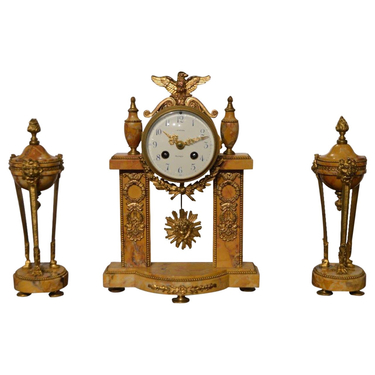 French Ormolu Mounted and Sienna Marble Antique Clock Set For Sale