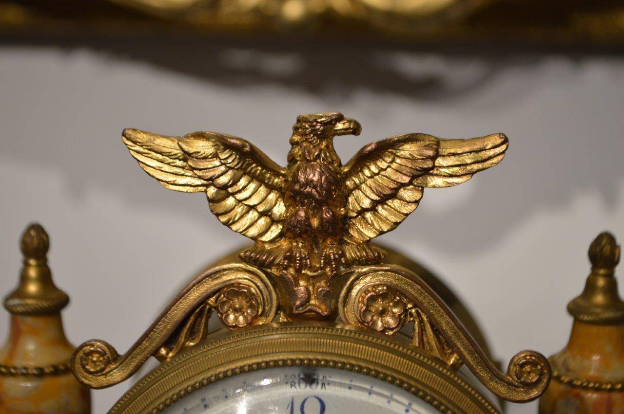 French Ormolu Mounted and Sienna Marble Antique Clock Set In Excellent Condition For Sale In Darwen, GB