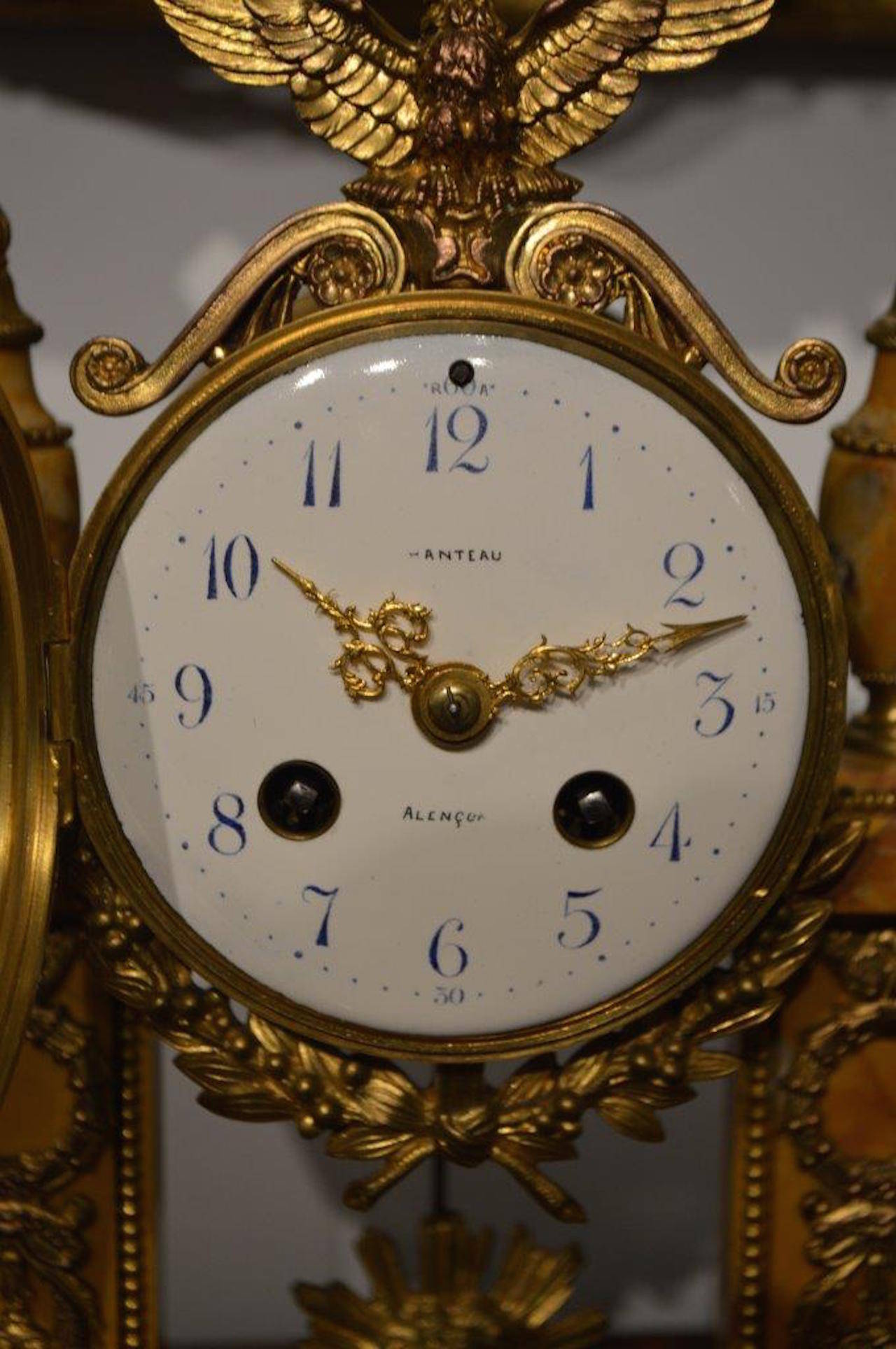 French Ormolu Mounted and Sienna Marble Antique Clock Set For Sale 2
