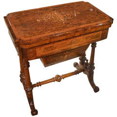 Burr Walnut Inlaid Victorian Period Antique Games or Sewing Table