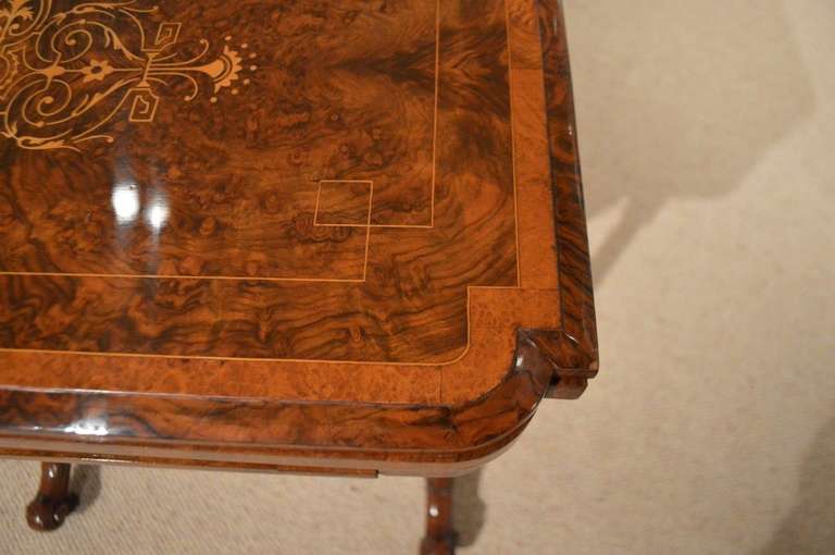 Burr Walnut Inlaid Victorian Period Antique Games or Sewing Table 1