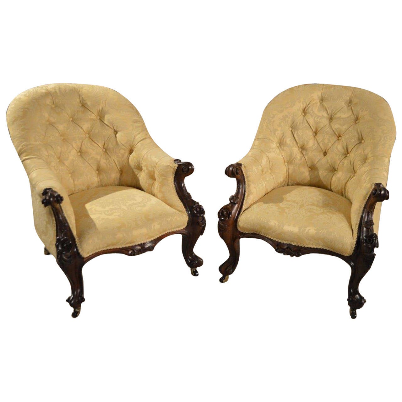 Pair of Solid Rosewood Victorian Period Antique Armchairs at 1stDibs