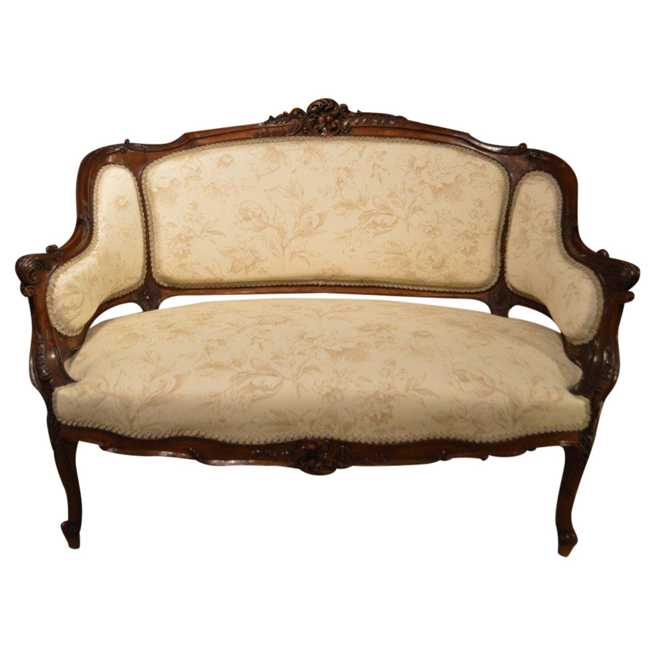 French Finely Carved 19th Century Walnut Antique Settee or Canapé