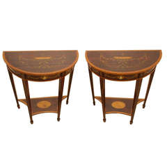 Fine Pair of Rosewood Inlaid Edwardian Period Demi Lune Side Tables