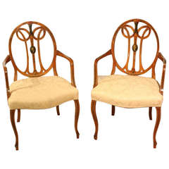 Good Pair of Satinwood Painted Sheraton Revival Antique Armchairs