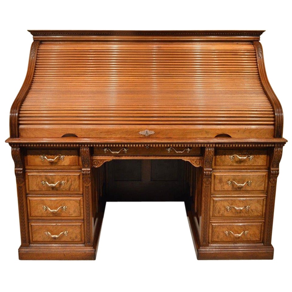 A Good & Rare Walnut Late Victorian Roll Top Desk By Shannon Ltd