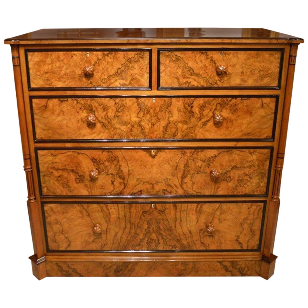 A Stunning Burr Walnut Victorian Period Antique Chest Of Drawers