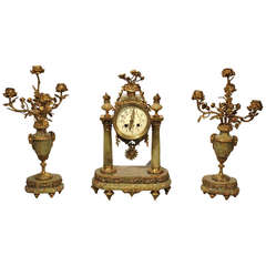 Antique Late 19th Century French Green Onyx and Ormolu Clock Garniture